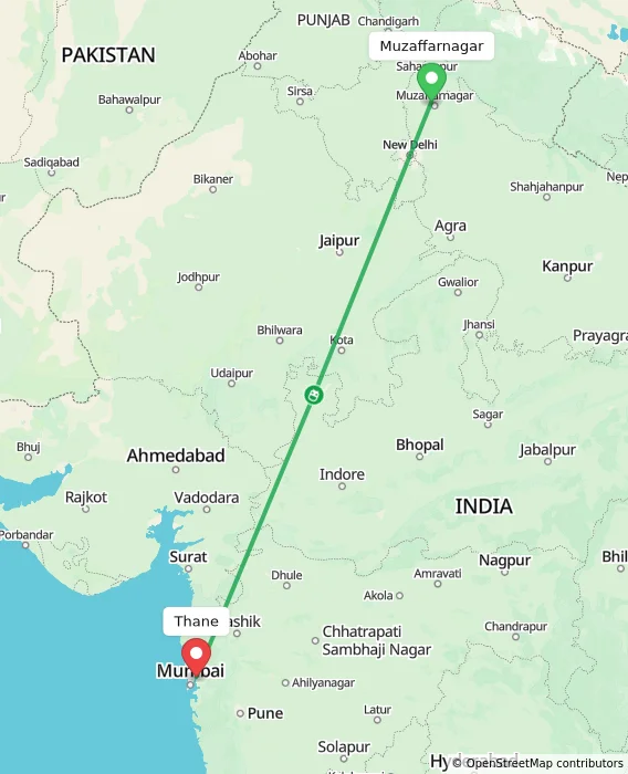 Route map showing distance and travel time from Muzaffarnagar, India to Thane, India