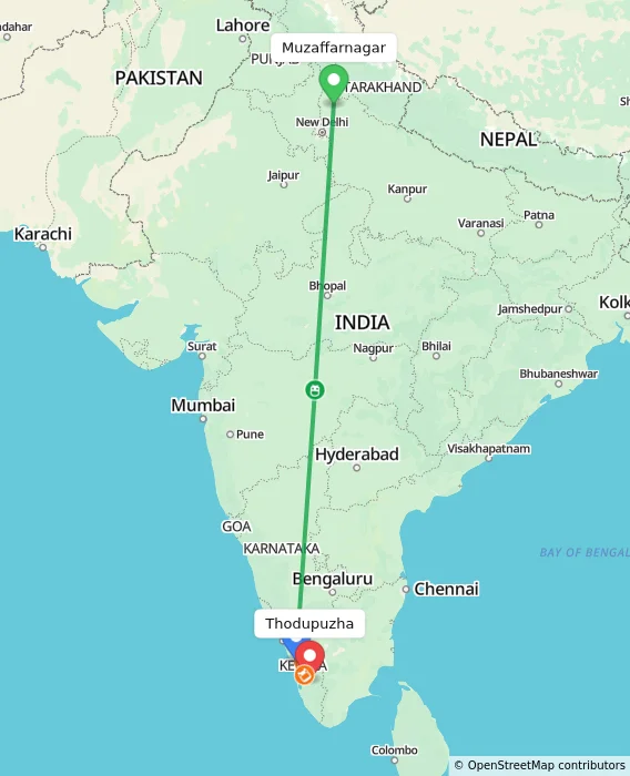 Route map showing distance and travel time from Muzaffarnagar, India to Thodupuzha, India
