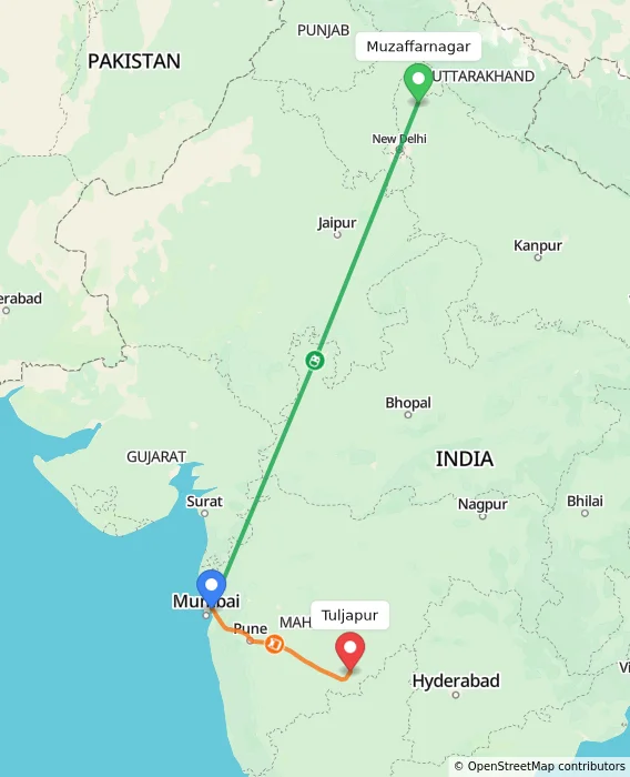 Route map showing distance and travel time from Muzaffarnagar, India to Tuljapur, India