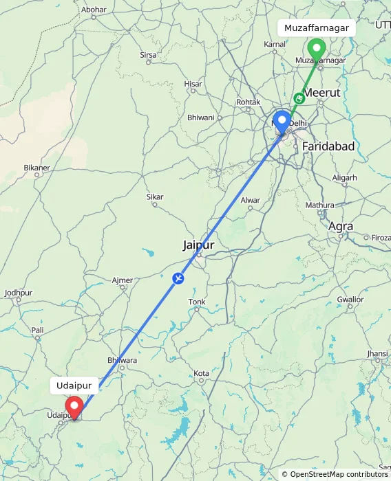 Route map showing distance and travel time from Muzaffarnagar, India to Udaipur, India