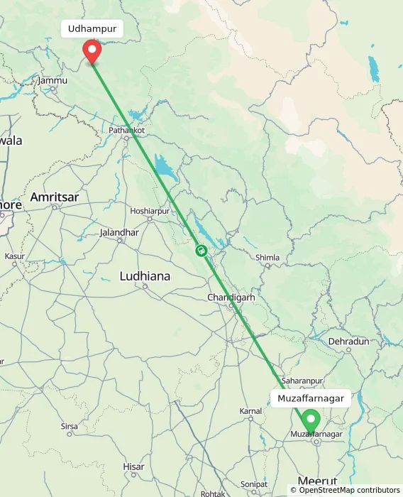 Route map showing distance and travel time from Muzaffarnagar, India to Udhampur, India