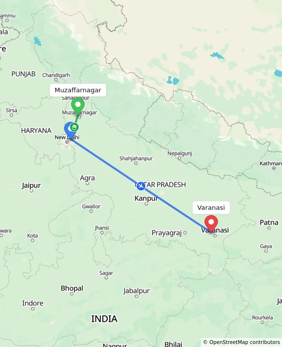 Route map showing distance and travel time from Muzaffarnagar, India to Varanasi, India