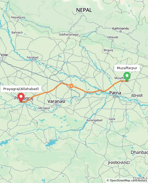 Route map showing distance and travel time from Muzaffarpur, India to Allahabad, India