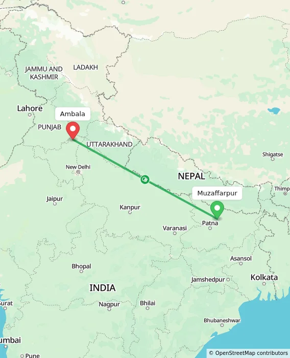 Route map showing distance and travel time from Muzaffarpur, India to Ambala, India