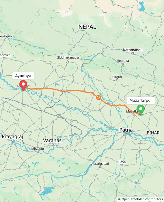 Route map showing distance and travel time from Muzaffarpur, India to Ayodhya, India