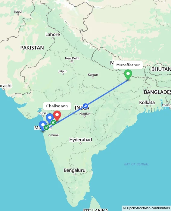 Route map showing distance and travel time from Muzaffarpur, India to Chalisgaon, India