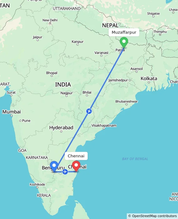 Route map showing distance and travel time from Muzaffarpur, India to Chennai, India