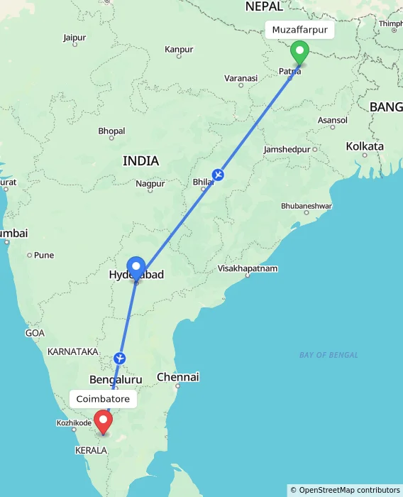Route map showing distance and travel time from Muzaffarpur, India to Coimbatore, India