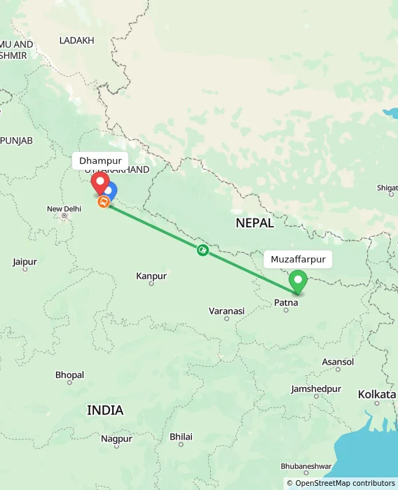Route map showing distance and travel time from Muzaffarpur, India to Dhampur, India
