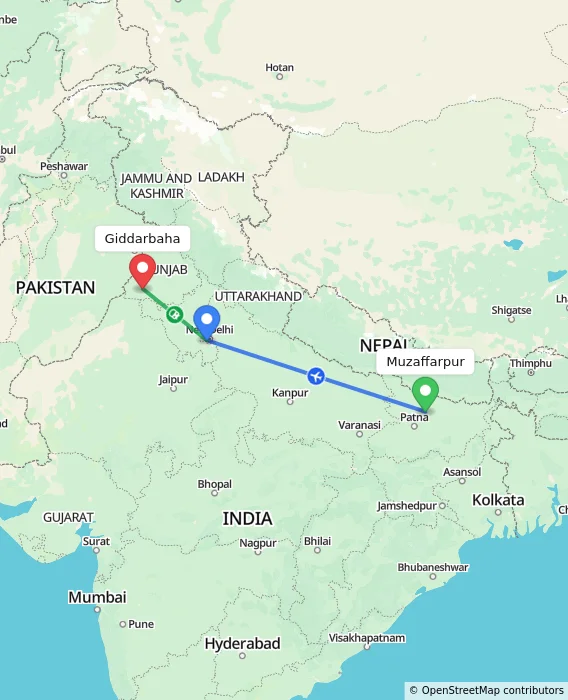 Route map showing distance and travel time from Muzaffarpur, India to Giddarbaha, India