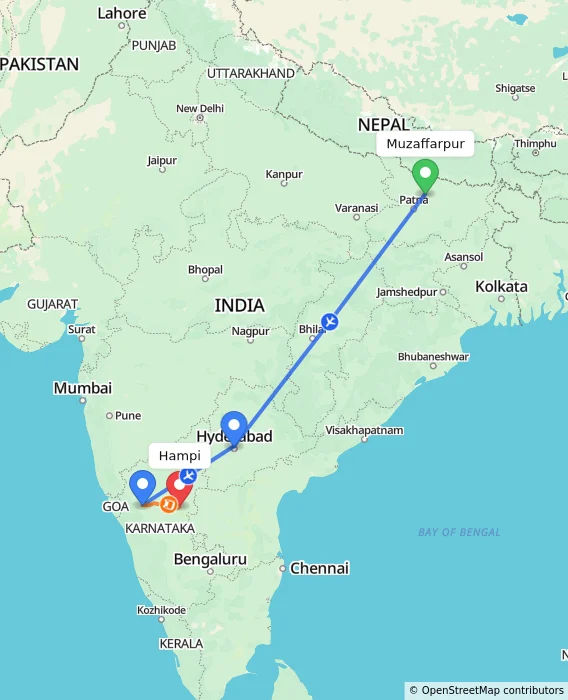 Route map showing distance and travel time from Muzaffarpur, India to Hampi, India