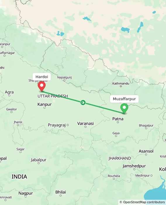 Route map showing distance and travel time from Muzaffarpur, India to Hardoi, India