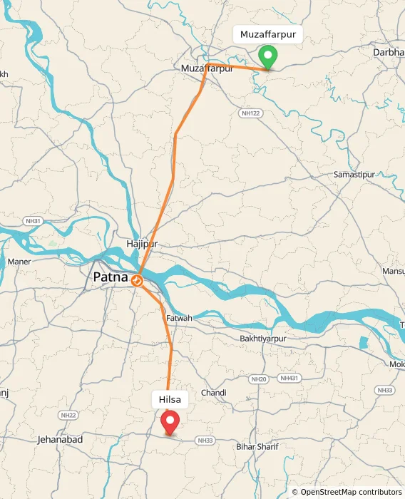 Route map showing distance and travel time from Muzaffarpur, India to Hilsa, India