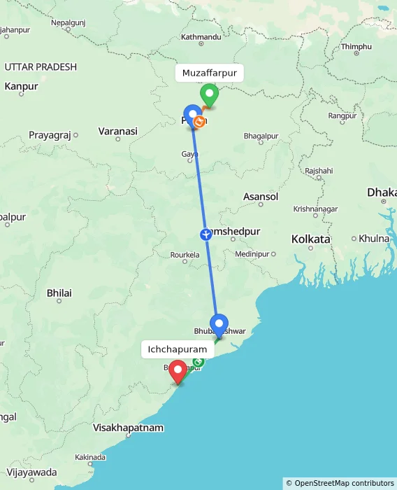 Route map showing distance and travel time from Muzaffarpur, India to Ichchapuram, India