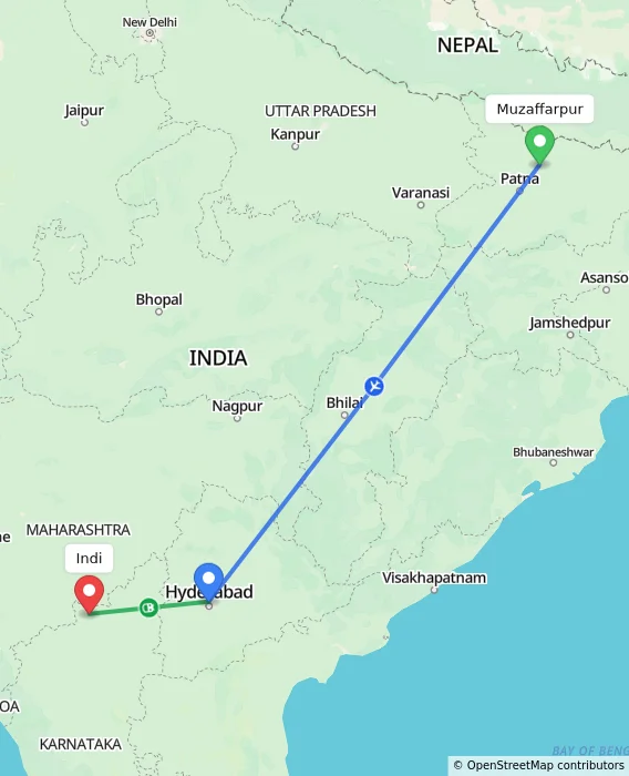 Route map showing distance and travel time from Muzaffarpur, India to Indi, India