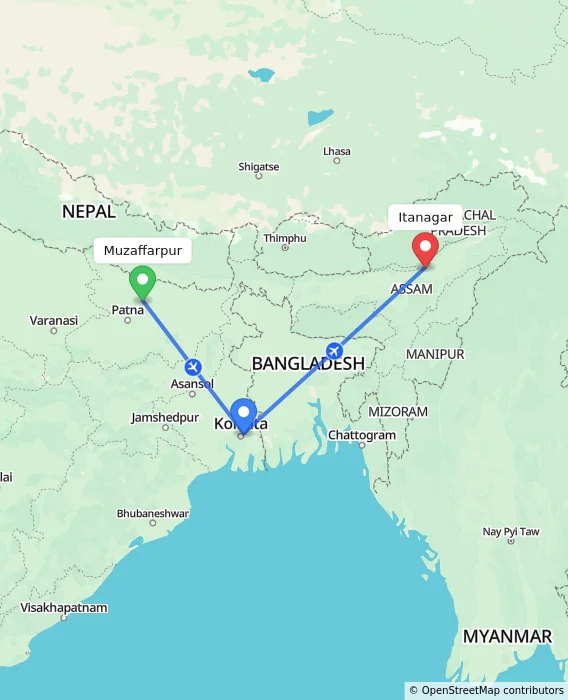 Route map showing distance and travel time from Muzaffarpur, India to Itanagar, India