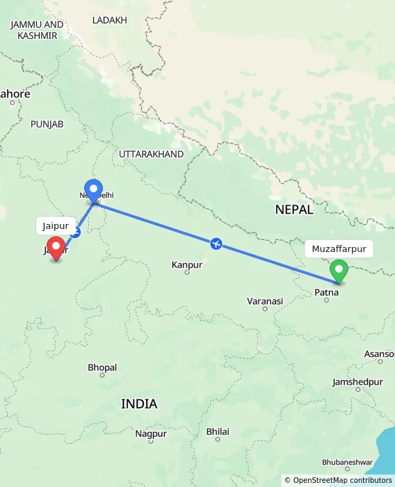 Route map showing distance and travel time from Muzaffarpur, India to Jaipur, India