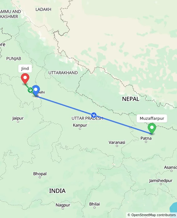 Route map showing distance and travel time from Muzaffarpur, India to Jind, India