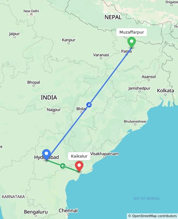 Route map showing distance and travel time from Muzaffarpur, India to Kaikalur, India