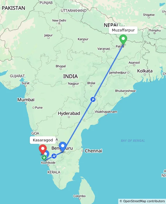 Route map showing distance and travel time from Muzaffarpur, India to Kasaragod, India