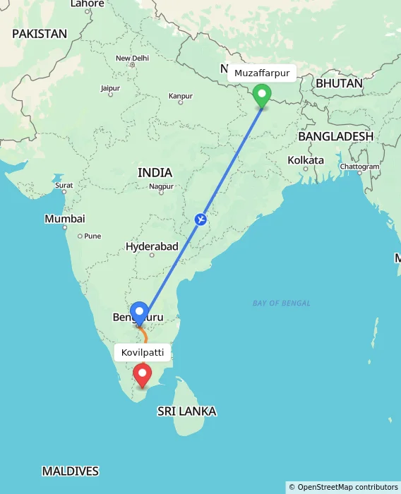 Route map showing distance and travel time from Muzaffarpur, India to Kovilpatti, India