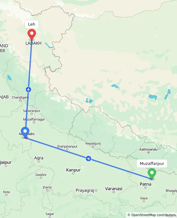 Route map showing distance and travel time from Muzaffarpur, India to Leh, India