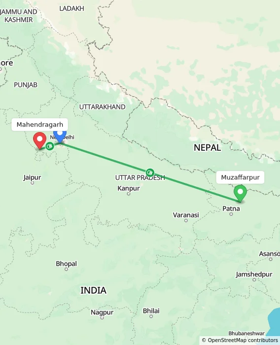 Route map showing distance and travel time from Muzaffarpur, India to Mahendragarh, India