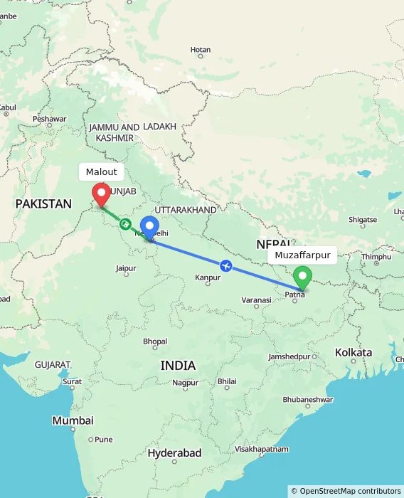 Route map showing distance and travel time from Muzaffarpur, India to Malout, India