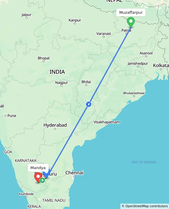 Route map showing distance and travel time from Muzaffarpur, India to Mandya, India