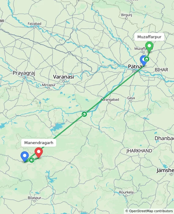 Route map showing distance and travel time from Muzaffarpur, India to Manendragarh, India