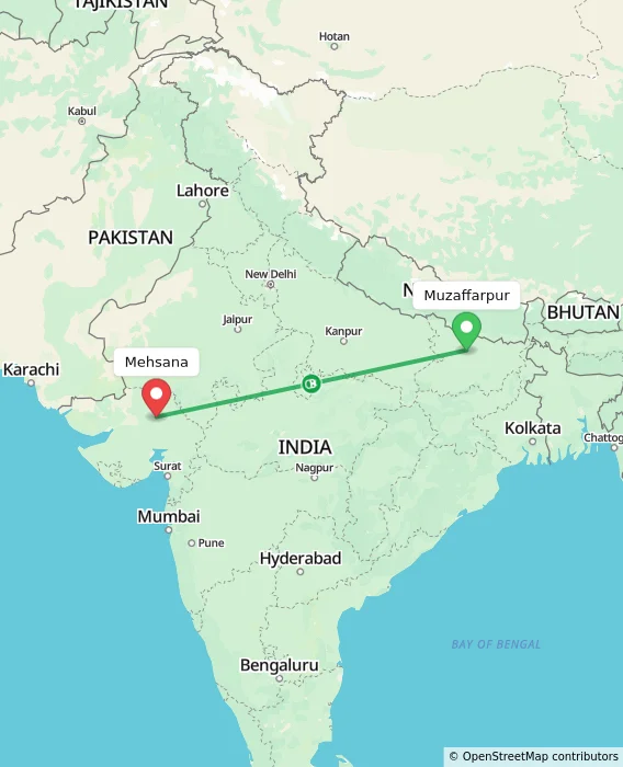 Route map showing distance and travel time from Muzaffarpur, India to Mehsana, India