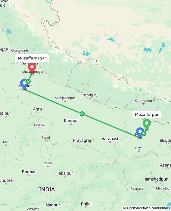 Route map showing distance and travel time from Muzaffarpur, India to Muzaffarnagar, India