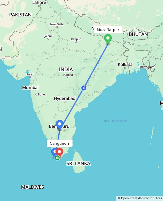 Route map showing distance and travel time from Muzaffarpur, India to Nanguneri, India