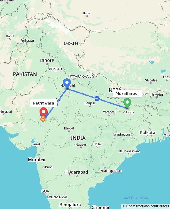 Route map showing distance and travel time from Muzaffarpur, India to Nathdwara, India