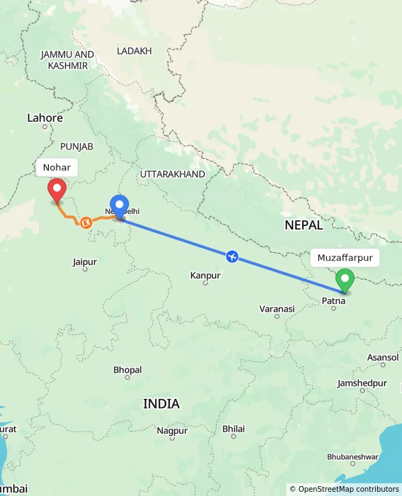 Route map showing distance and travel time from Muzaffarpur, India to Nohar, India