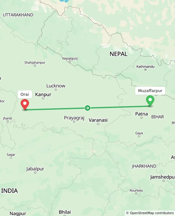 Route map showing distance and travel time from Muzaffarpur, India to Orai, India