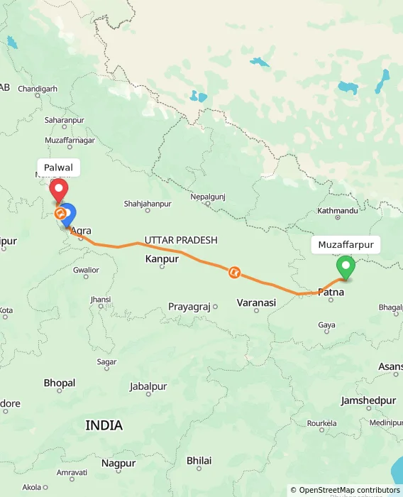 Route map showing distance and travel time from Muzaffarpur, India to Palwal, India