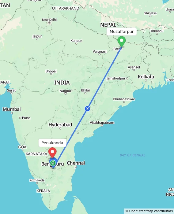 Route map showing distance and travel time from Muzaffarpur, India to Penukonda, India