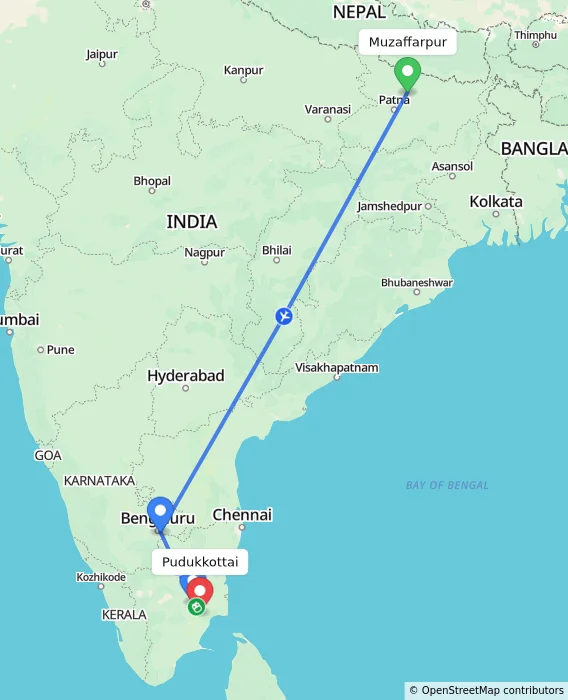 Route map showing distance and travel time from Muzaffarpur, India to Pudukkottai, India