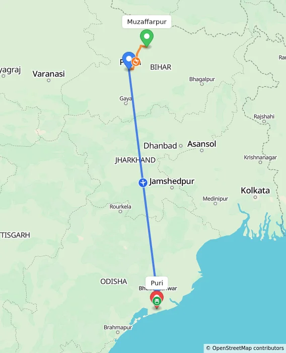 Route map showing distance and travel time from Muzaffarpur, India to Puri, India