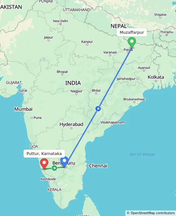 Route map showing distance and travel time from Muzaffarpur, India to Puttur, Karnataka, India