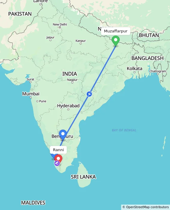Route map showing distance and travel time from Muzaffarpur, India to Ranni, India