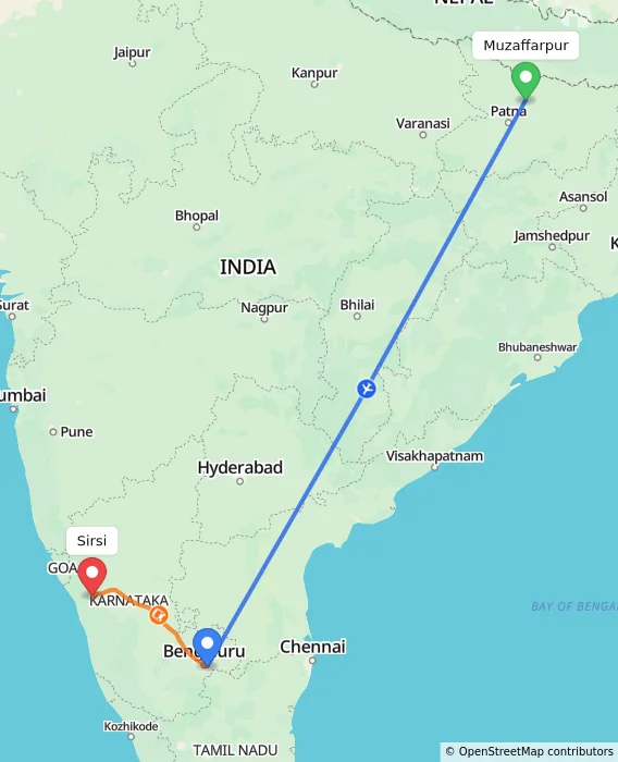 Route map showing distance and travel time from Muzaffarpur, India to Sirsi, India