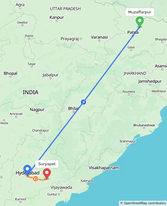 Route map showing distance and travel time from Muzaffarpur, India to Suryapet, India
