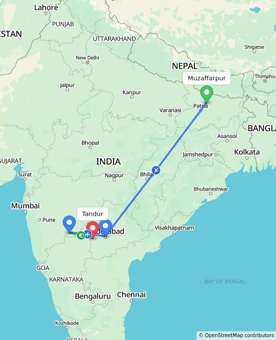 Route map showing distance and travel time from Muzaffarpur, India to Tandur, India