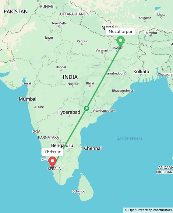 Route map showing distance and travel time from Muzaffarpur, India to Thrissur, India