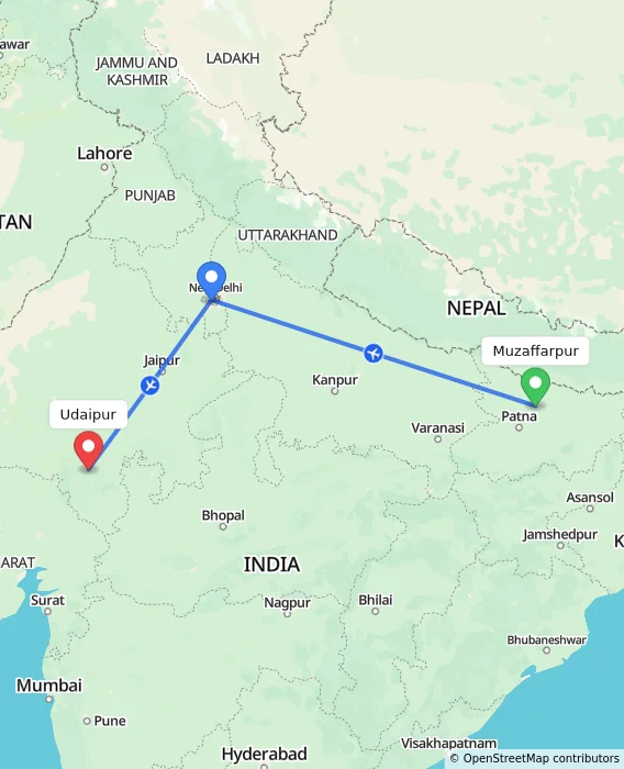 Route map showing distance and travel time from Muzaffarpur, India to Udaipur, India