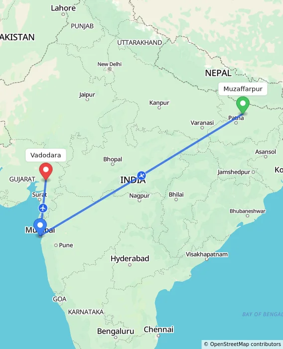 Route map showing distance and travel time from Muzaffarpur, India to Vadodara, India