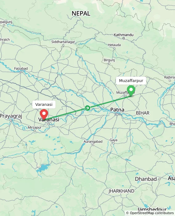 Route map showing distance and travel time from Muzaffarpur, India to Varanasi, India
