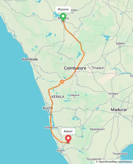 Route map showing distance and travel time from Mysore, India to Adoor, India